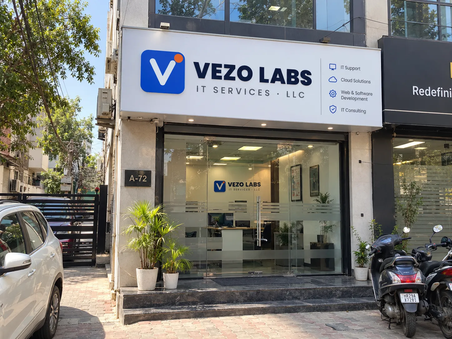 Vezo Labs LLC office front with the Vezo Labs IT Services sign, Faridabad